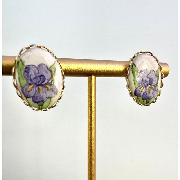Vintage Handpainted Iris Earrings - Picture 2 of 5